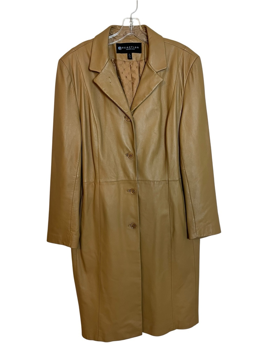 Vintage Kenneth Cole Leather Trench Coat Caramel Tan XL Long Jacket Y2K